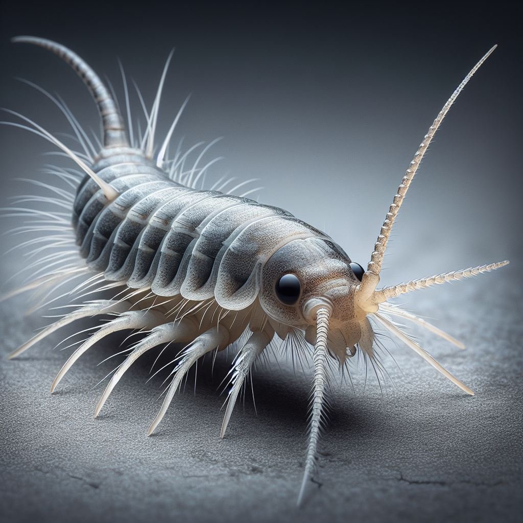 Close-up image of a silverfish traversing a surface, showcasing its silvery scales and distinctive movements.