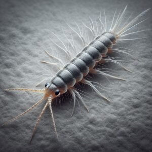 Detailed image of a silverfish on a textured surface, showcasing its slender, metallic body and distinctive antennae as it navigates its environment.