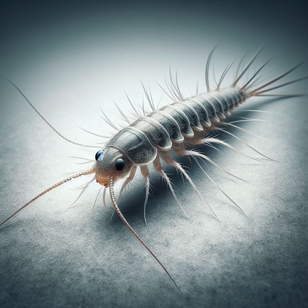 A close-up image capturing a silverfish in motion, showcasing its silvery, elongated body and distinctive antennae as it gracefully walks across a surface.